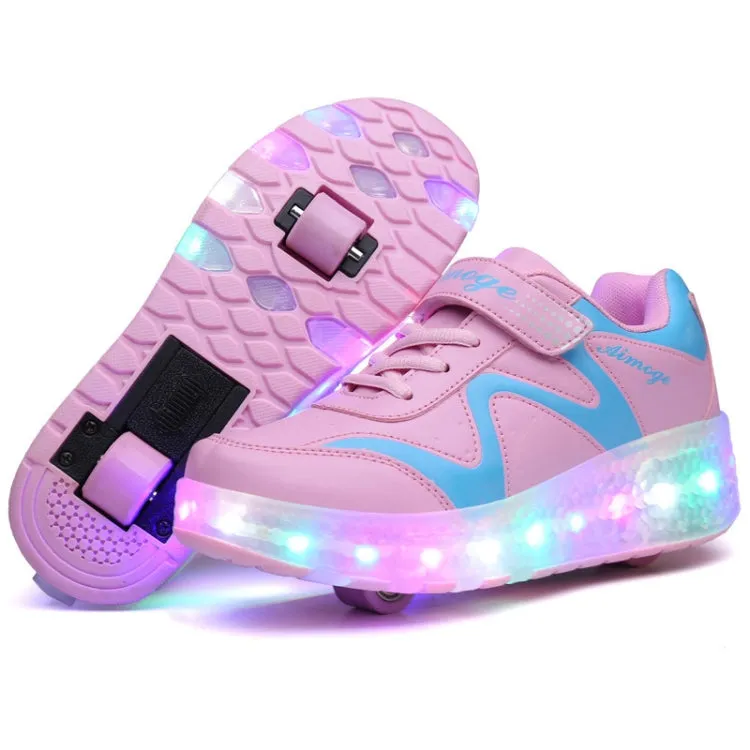 786 LED Light Ultra Light Rechargeable Double Wheel Roller Skating Shoes Sport Shoes, Size : 34(Pink)