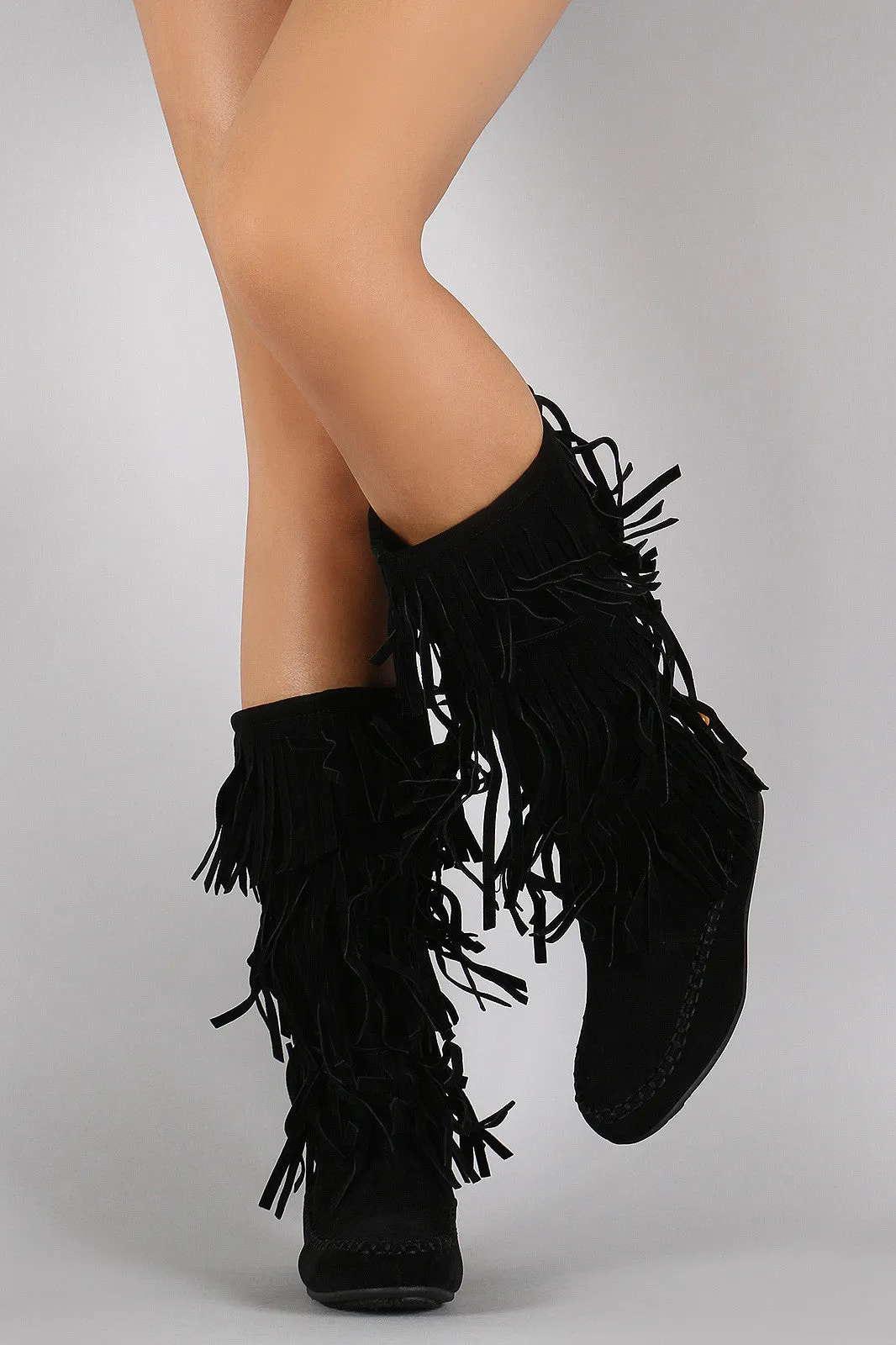 Bow Bead Fringe Moccasin Flat Boots