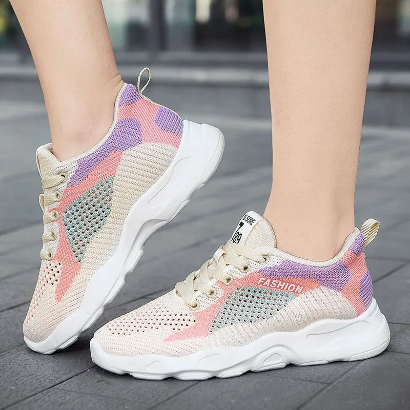 Casual Colorblock Lace-up Sneakers Women Versatile Breathable Lightweight Walking Running Shoes