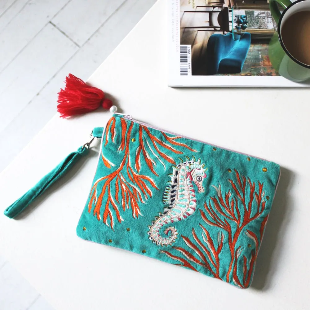 Coral Seahorse Clutch Bag