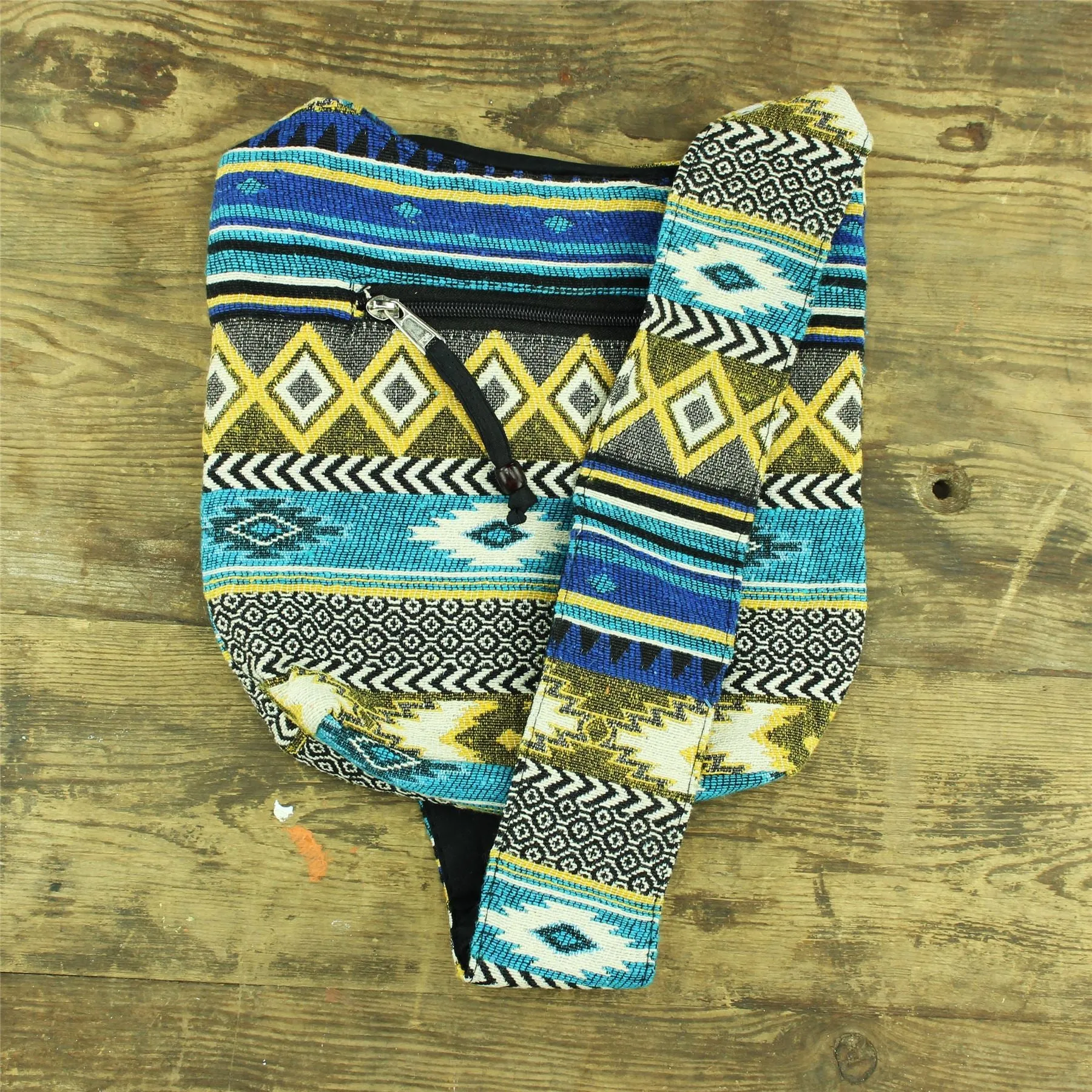 Cotton Canvas Sling Shoulder Bag - Aztec Blue Yellow