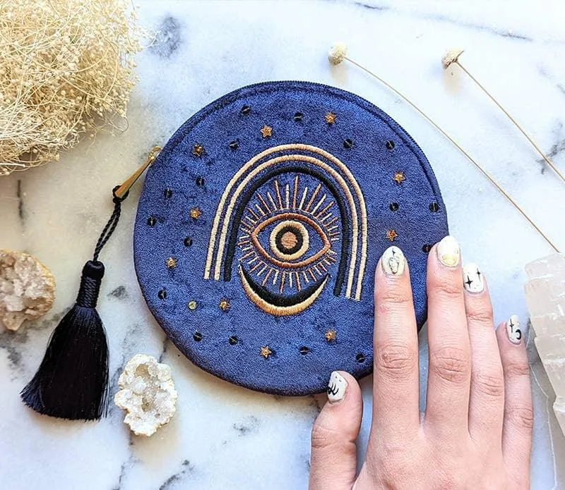 Embroidered Velvet Pouch - Third Eye - Blue Velvet Clutch