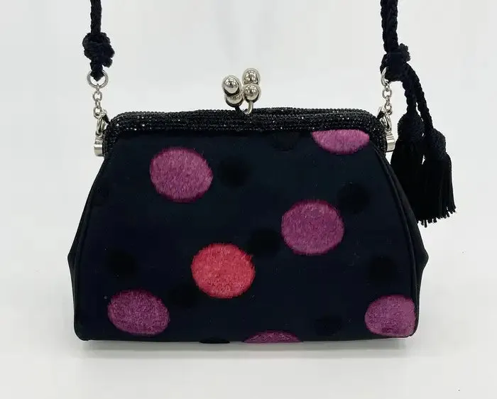 Judith Leiber Black Silk Velvet Polka Dot Crystal Top Clutch