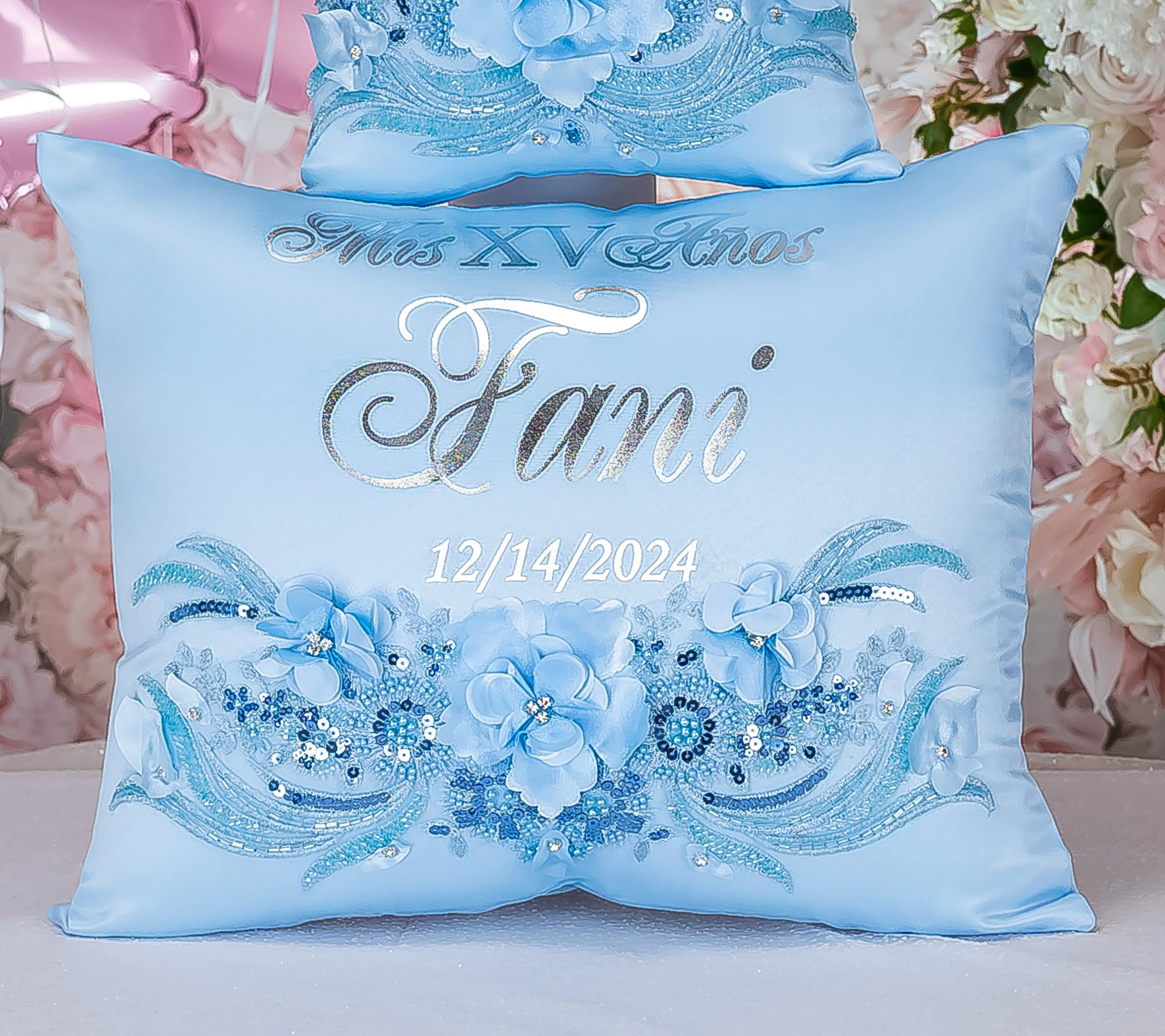 Light blue quinceanera kneeling pillow, shoes pillow