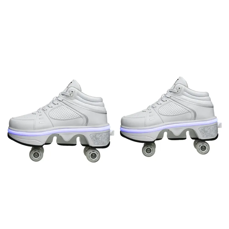 Two-Purpose Skating Shoes Deformation Shoes Double Row Rune Roller Skates Shoes, Size: 37(High-top With Light (White))