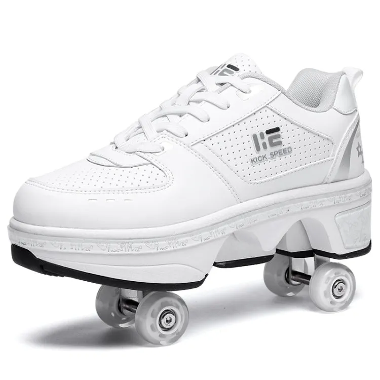 Two-Purpose Skating Shoes Deformation Shoes Double Row Rune Roller Skates Shoes, Size: 37(High-top With Light (White))