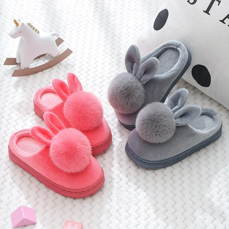 Unisex Cute Bunny Cartoon Cotton Warm Faux Fur Slippers For Kids