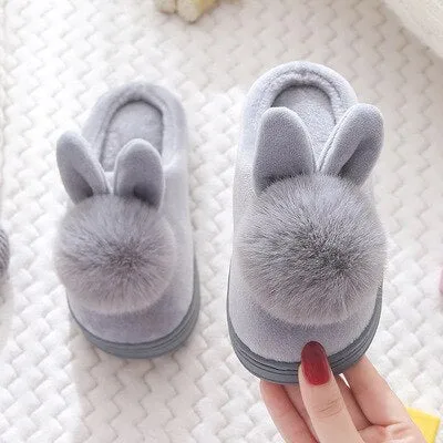 Unisex Cute Bunny Cartoon Cotton Warm Faux Fur Slippers For Kids