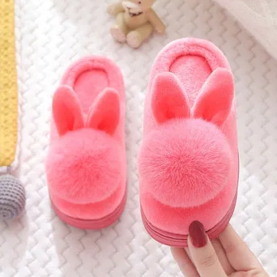 Unisex Cute Bunny Cartoon Cotton Warm Faux Fur Slippers For Kids