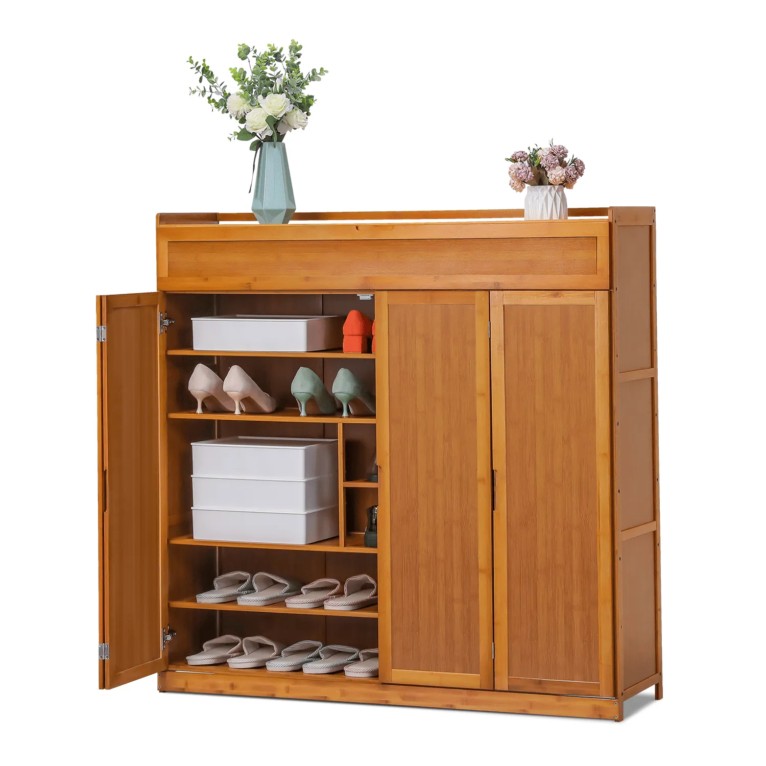 versatile Bamboo 7 Tiers 43 Pairs Shoes Cabinet with Door, Storage Shelf, Brown, for Entryway