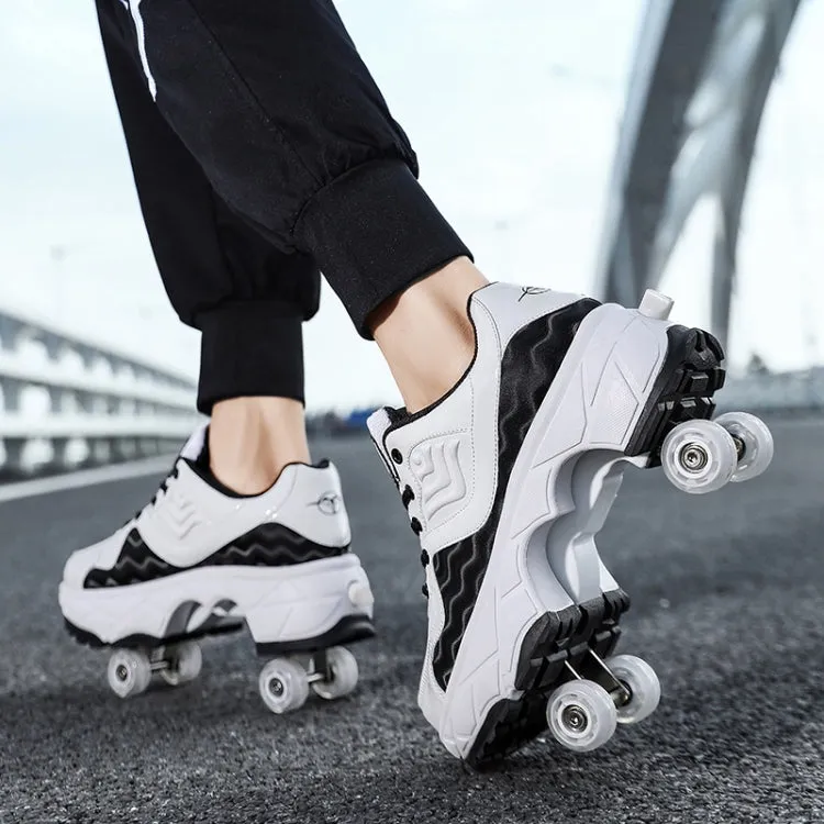 With Brakes Deformable Four-wheel Retractable Double-row Dual-purpose Roller Skates, Size: 34(DF08 Black)