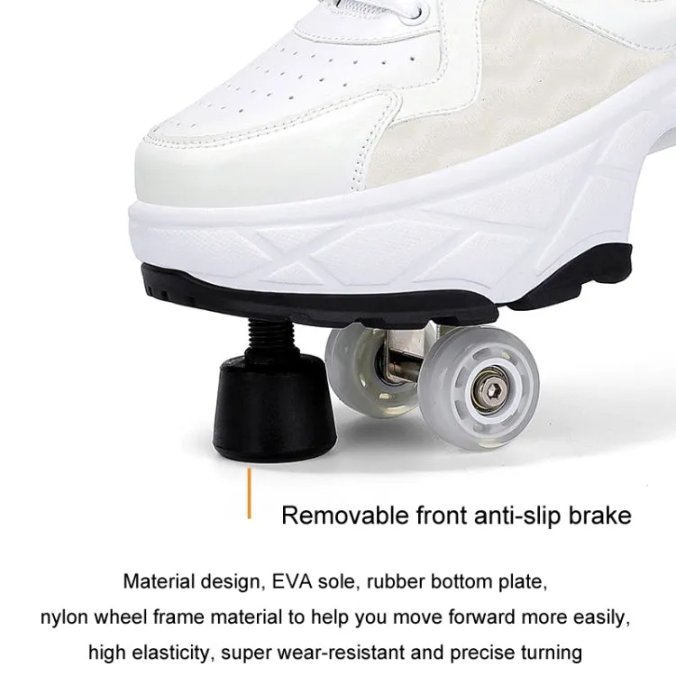 With Brakes Deformable Four-wheel Retractable Double-row Dual-purpose Roller Skates, Size: 37(DF08 White Black)