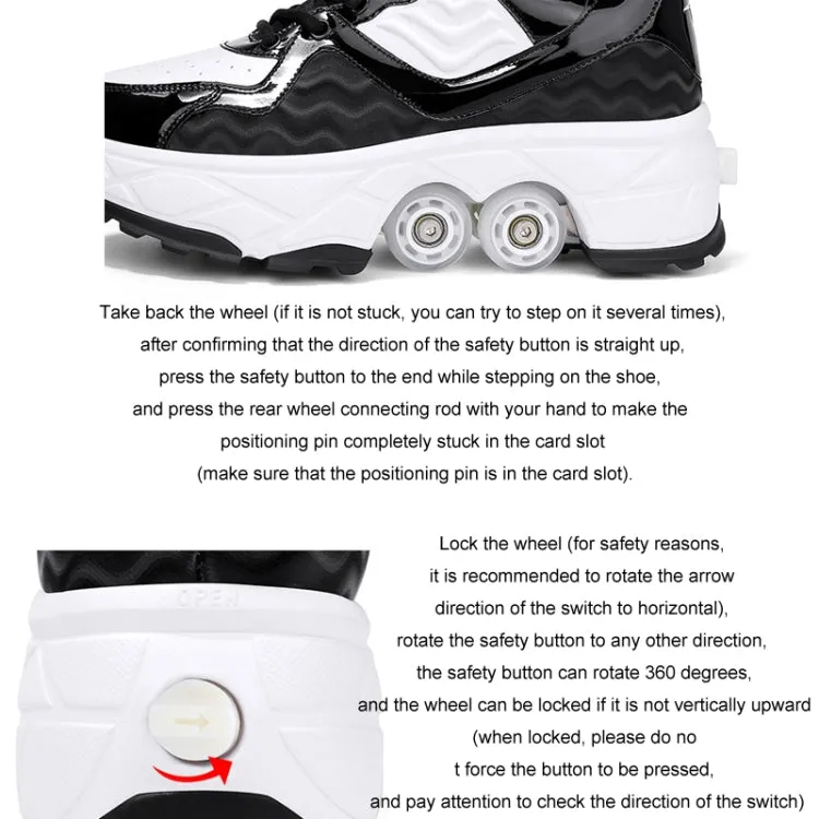 With Brakes Deformable Four-wheel Retractable Double-row Dual-purpose Roller Skates, Size: 37(DF08 White Black)