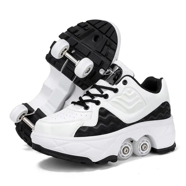 With Brakes Deformable Four-wheel Retractable Double-row Dual-purpose Roller Skates, Size: 37(DF08 White Black)