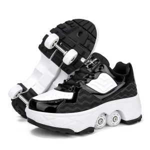 With Brakes Deformable Four-wheel Retractable Double-row Dual-purpose Roller Skates, Size: 41(DF08 Black)