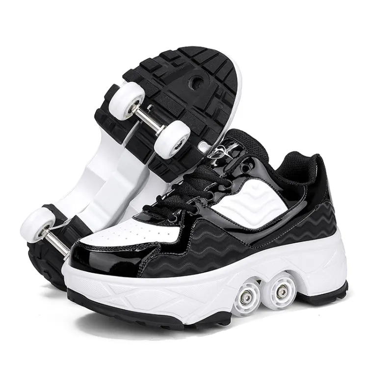 With Brakes Deformable Four-wheel Retractable Double-row Dual-purpose Roller Skates, Size: 43(DF08 Black)