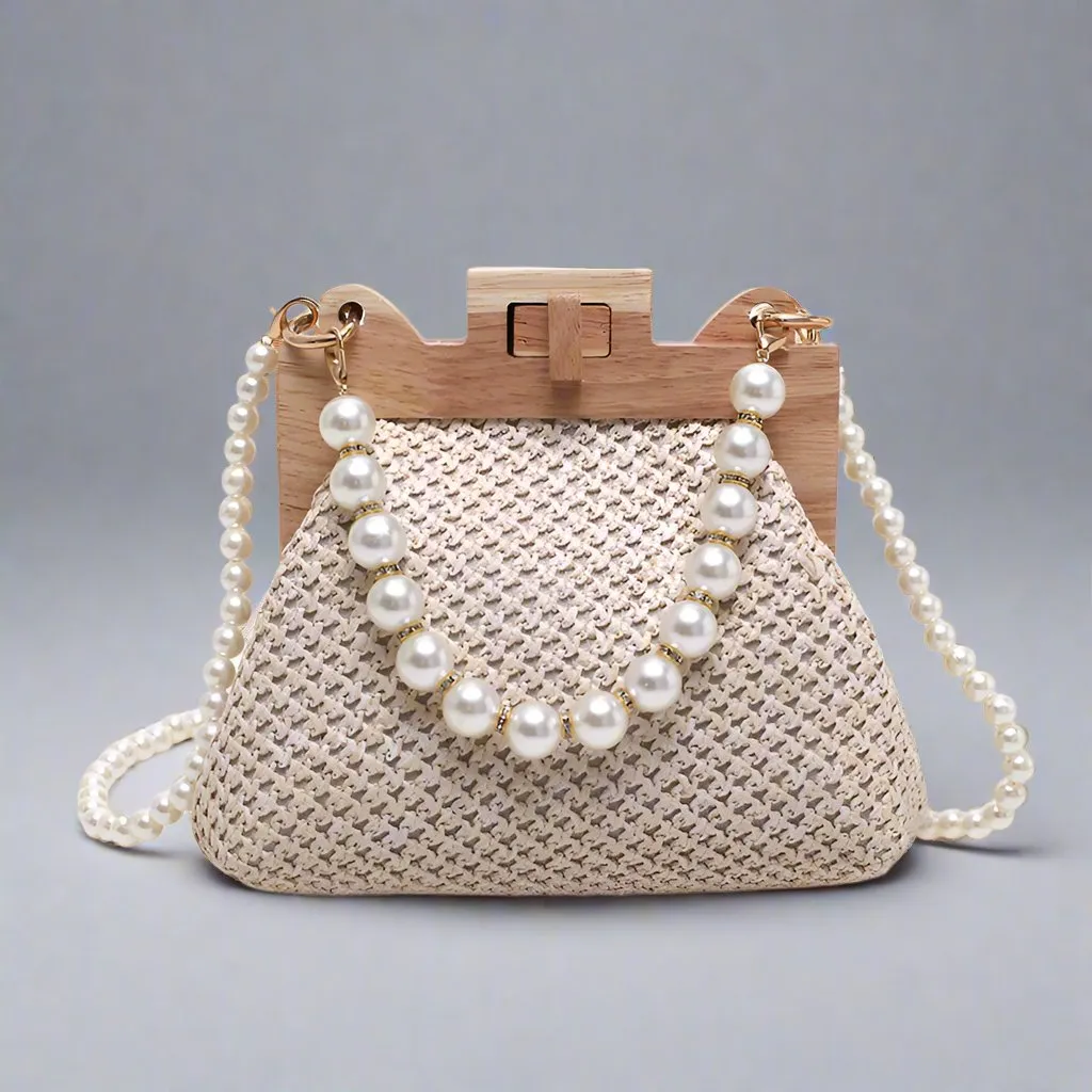 Women's Pearl Chain Handle Straw Woven Shoulder Bag