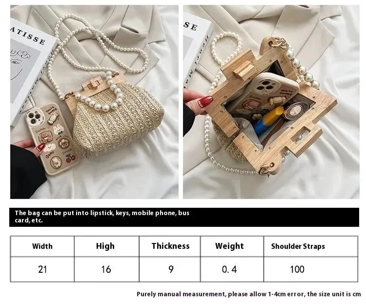 Women's Pearl Chain Handle Straw Woven Shoulder Bag