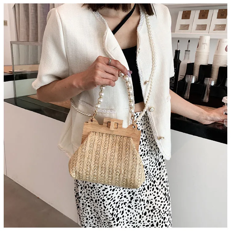 Women's Pearl Chain Handle Straw Woven Shoulder Bag