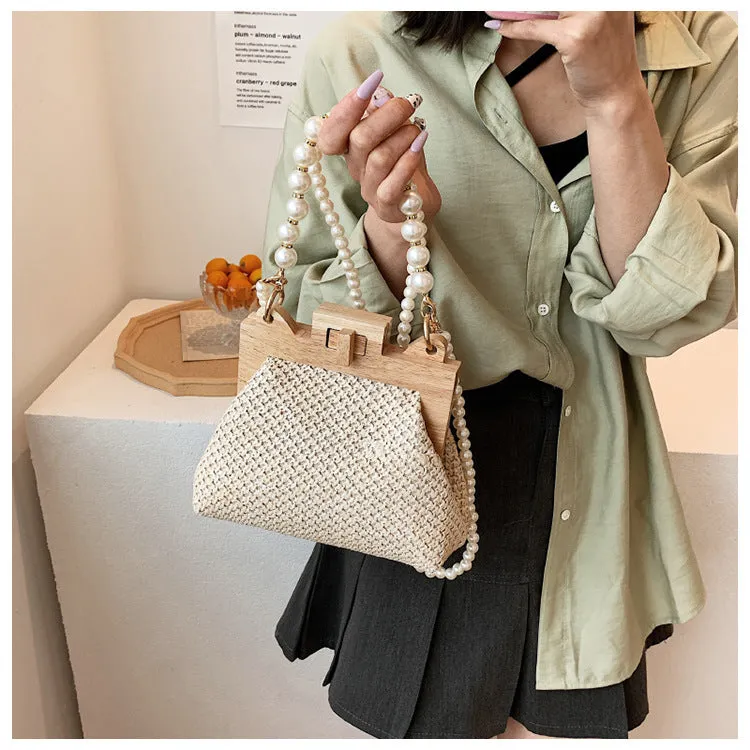 Women's Pearl Chain Handle Straw Woven Shoulder Bag